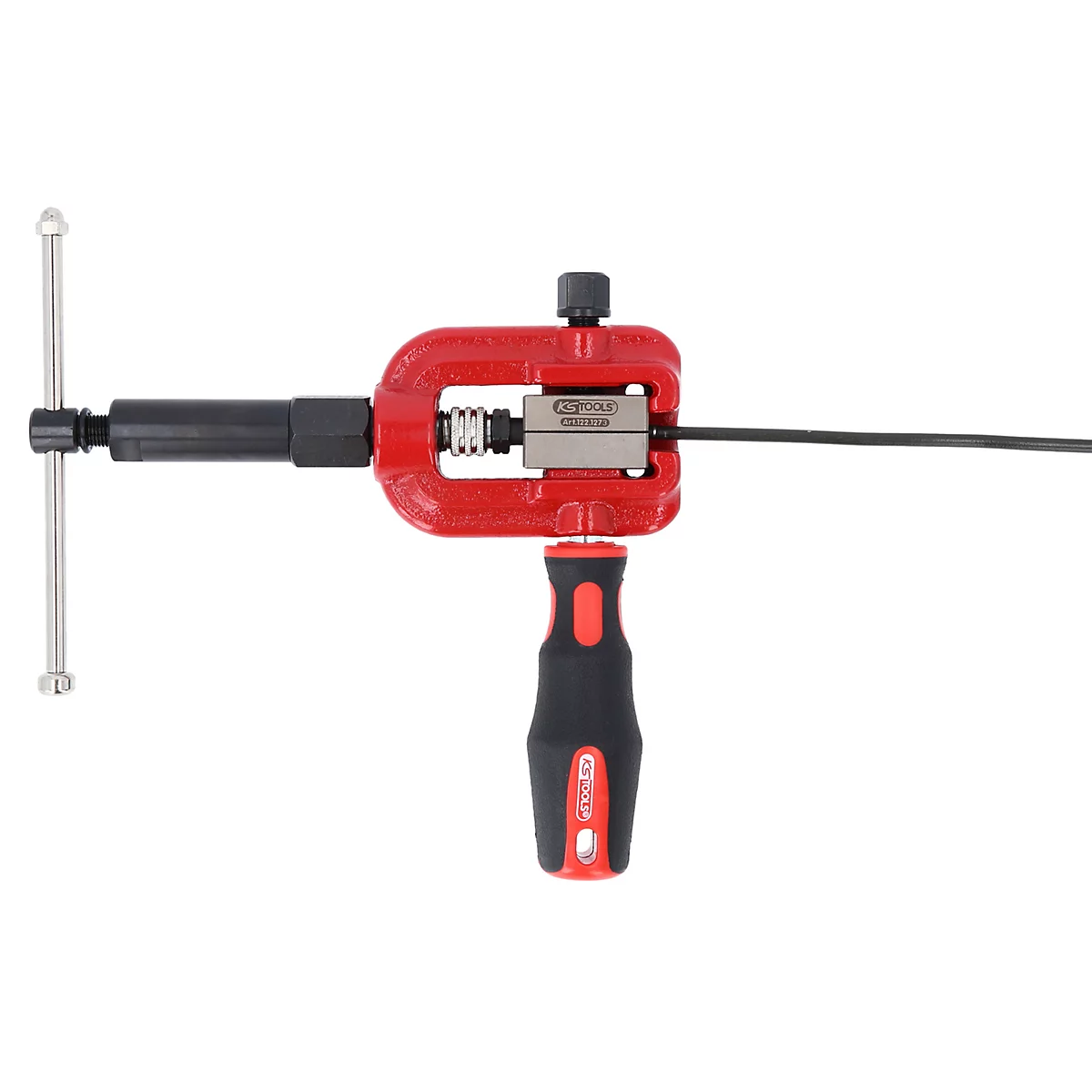 Rot-schwarzes Werkzeug zur Verarbeitung von Kabeln. Ein Kabel wird in ein rotes Werkzeug eingeklemmt, das mit einem schwarzen Griff und einem Schraubknopf versehen ist.